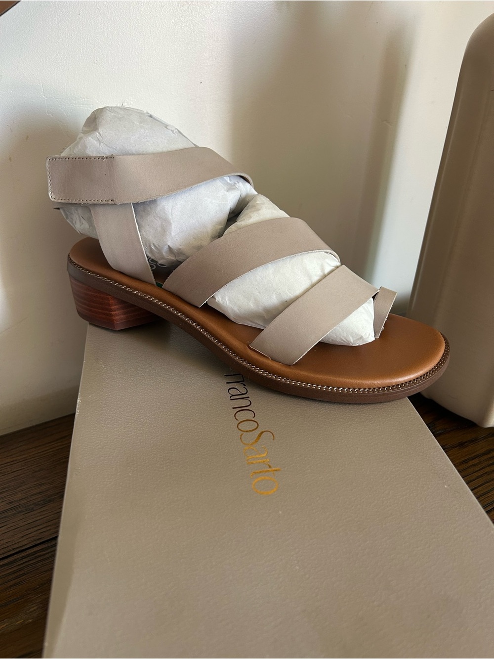 Franco Sarto Neutral Taupe Strappy Block Heel Sandal